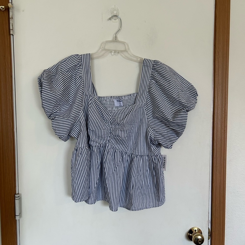 NWT extra large old, navy blue and white, striped baby doll, puff sleeve top